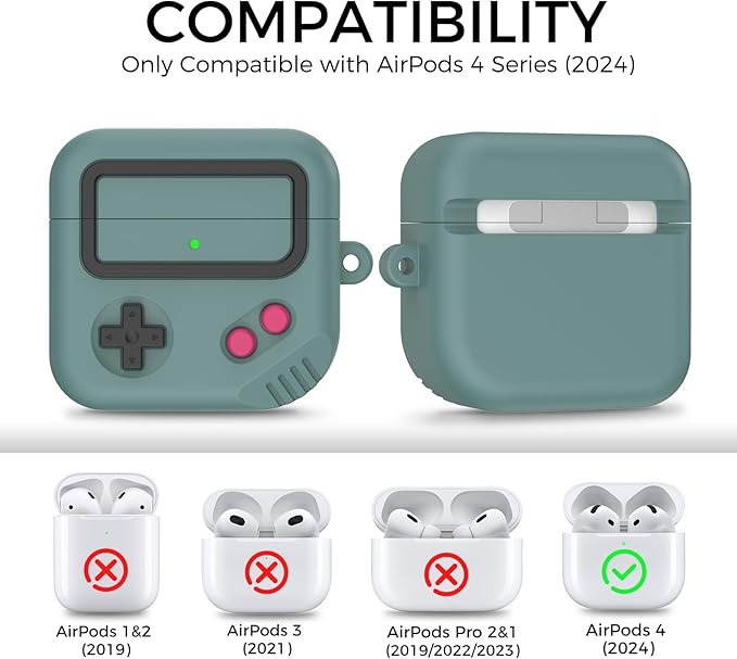 AirPods 4 Case, Silicone Game Design 2024 Case for Apple AirPods 4 Generation with Active Noise Cancellation, Cute Case Cover for AirPod 4 Gen for Women/Men (Pine Green)