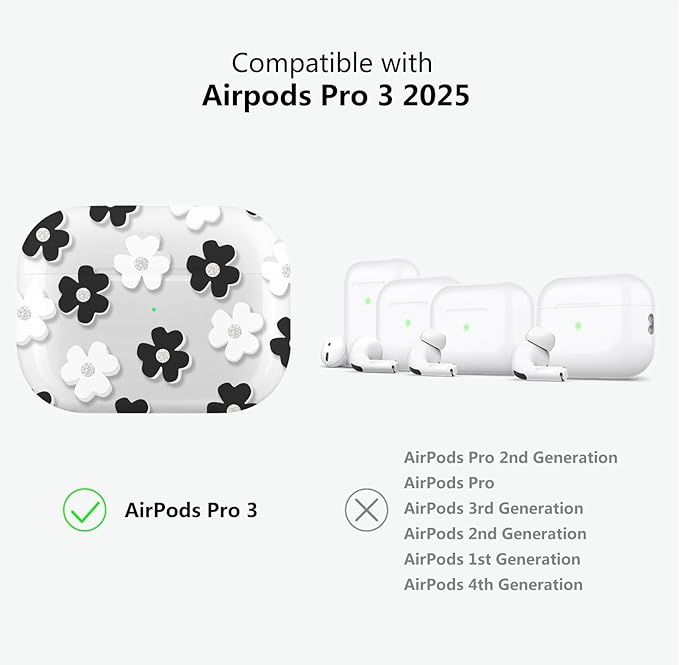 for Airpods Pro 3 Case Clear,Cute Black Floral Design for Airpods Pro 3 Case Cover,Shockproof Soft TPU Skin Accessories with Girly Flower Keychain&Cleaning Pen for Women Girls