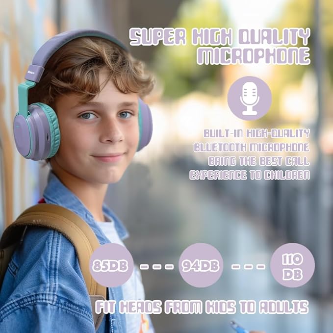 Kids Headphones Bluetooth 5.3 Wireless Lightweight Fast Charging 68 Hours Play Time Volume Limited 85/94dB Over Ear Foldable with Built-in Mic for Toddler Tablet Pad Light Purple