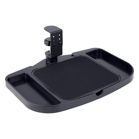 Clamp-on Mouse Pad Holder Platform, Height Adjustable Under Desk 360° Rotating Tray Rest Extension Attachment, with 5 Storage compartments