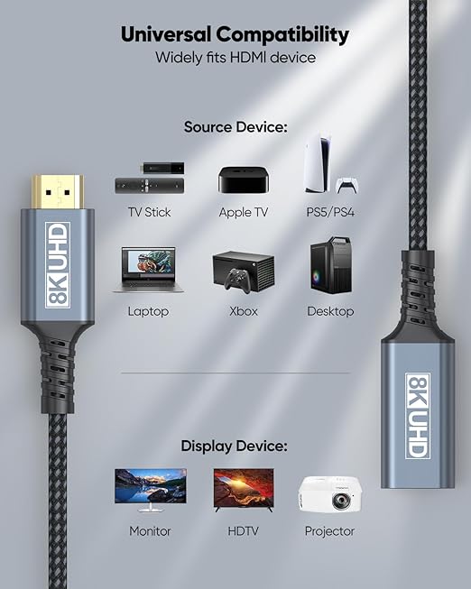 8K HDMI Extender Cable 6FT, 48Gbps HDMI Extension Cable Male to Female Adapter Support 8K@60Hz/4K@120Hz/Dynamic HDR/eARC, Compatible with Fire Stick/Roku Stick/HDTV/Monitor/Laptop/PS5/PS4