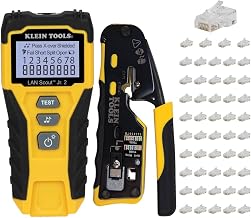 Klein Tools 80072 RJ45 Cable Tester Kit with LAN Scout Jr. 2, Coax Crimper / Stripper / Cutter Tool and 50-Pack Pass-Thru Modular Data Plugs - Image 1