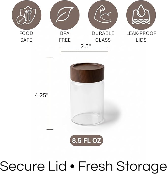 Wide Mouth Glass Storage Jars With 2.5" Acacia Wood Lids - 6 Pack of 8.5 Oz Food Storage Containers - Borosilicate Glass Canisters Sets For Kitchen - Pantry Organizers and Storage for Rice Coffee