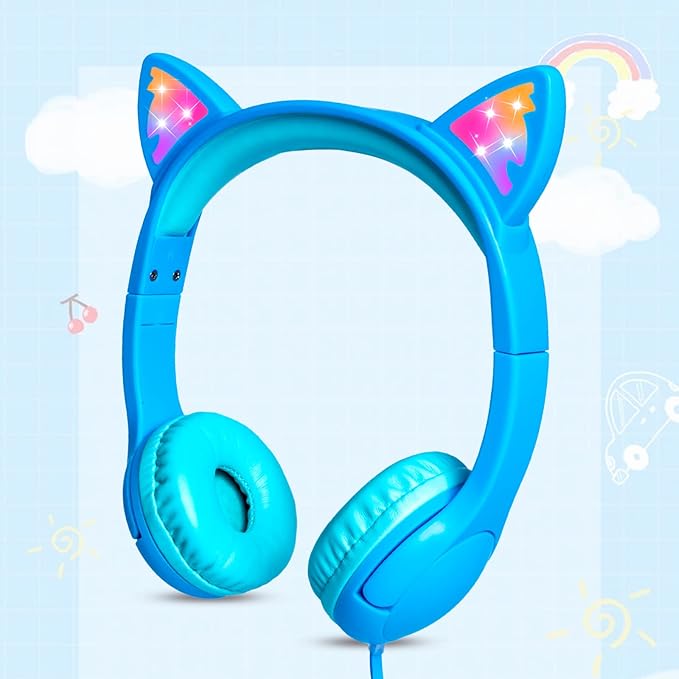 Olyre Kids Headphones with Sharing Port and Microphone, Girls Boys Headphone LED Cat Ears 85dB Volume Limited for Children/Toddler Wired On Ear for Tablets/E-Readers/Online/School/Travel - Blue
