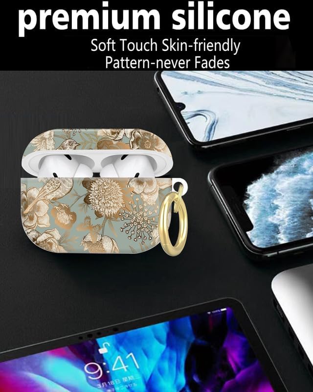 Compatible with AirPod Pro 2nd/1st Generation Case Cover with Key Chain,Full Protective Shockproof Wireless Headphone Case for Airpod Pro 2023/2022/2019(Golden Retro Flower and Bird)