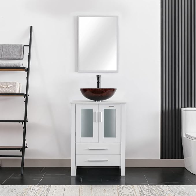 eclife 24" Modern Bathroom Vanity Sink Combo Freestanding Cabinet with Soft Closing Door, Brown Round Glass Vessel Sink, Water Save Faucet, Drain (White+A09)