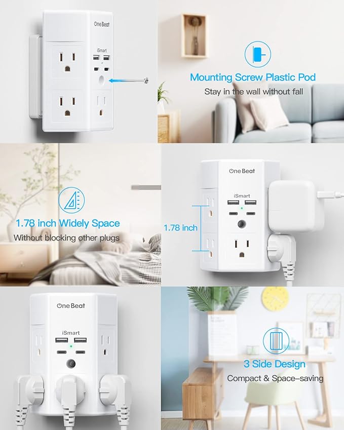 2 Pack Multi Plug Outlet, Surge Protector, 5 Outlet Extender with 4 USB Charging Ports (2 USB C), USB Wall Charger, 3-Sided 1800J Power Strip Outlets Splitter Wall Plug Adapter Spaced for Home Office