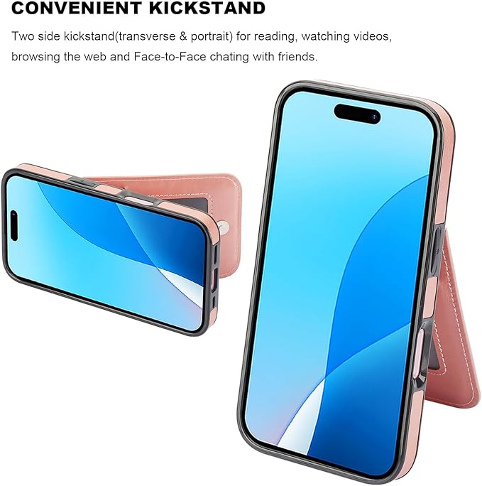 KIHUWEY Compatible with iPhone 16 Case Wallet with Credit Card Holder, Flip Premium Leather Magnetic Clasp Kickstand Heavy Duty Protective Cover for iPhone 16 6.1 Inch (Rose Gold)