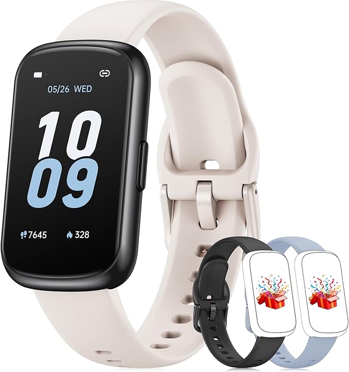 Fitness Tracker with 24/7 Heart Rate Monitor, Sleep Tracker - 3 ATM Waterproof Fitness Watch Calorie Step Counter Smart Watch Includes 3 Sport Bands for Android iOS Women Men, Black/Starlight