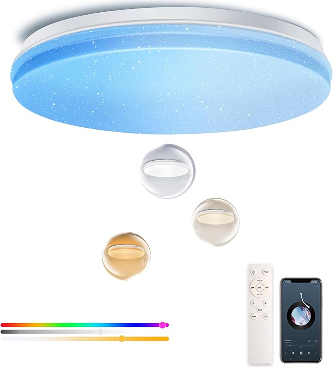 WF-Version LED Ceiling Light with Speaker 40W 12Inch Control via app/Voice/Remote Adjustable Brightness & Color Temperature Ceiling Lamp RGB Ambient Lighting for Bedroom Kids Room and More