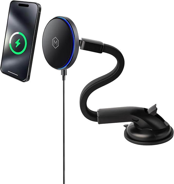 Mag Switch Qi2 Wireless Car Charger Gooseneck Mount, 15W Fast Charger with Built in on/Off Switch for Smarter Charging, Strong N52 Magnets, Compatible with iPhone 14/15/16/17/Galaxy