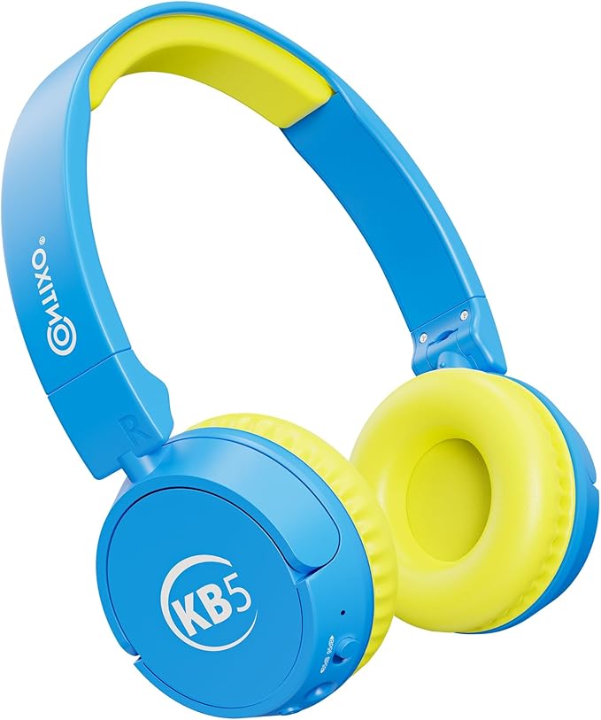 Contixo KB-5 Kids Headphones - Over The Ear Foldable Bluetooth Wireless Headphone for Kids - 85dB with Volume Limited - Toddler Headphones for Boys and Girls (Blue + Yellow)