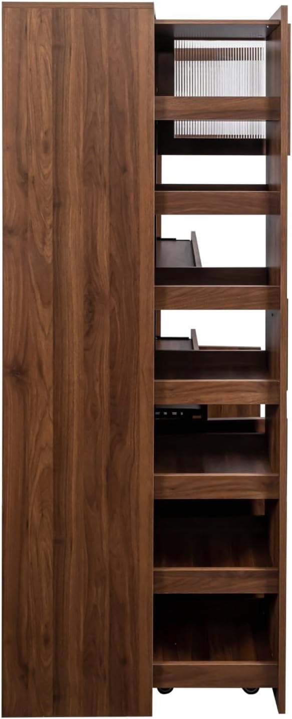 KEIKI 70.87" Tall Kitchen Pantry Storage Cabinet with Pull-Out Multi-Tier Shelf, Countertop, Glass Doors, Microwave Stand, Freestanding Wood Hutch Food Pantries Cupboard for Coffee Bar, Dining Room