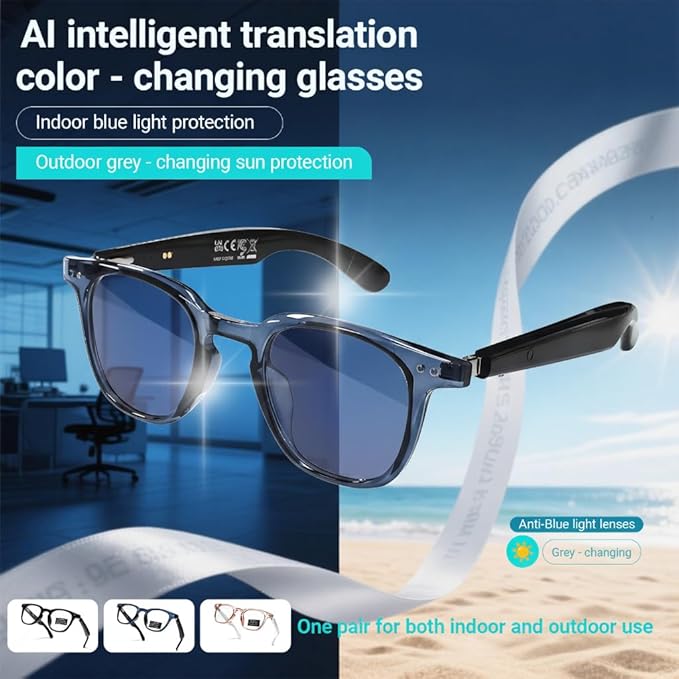 AI Smart 5.4 Bluetooth Glasses with Open Ear Speaker, Voice Assistant Compatible,Real-Time Translation,Auto Color-Changing Lenses for Business&Outdoor Activities.