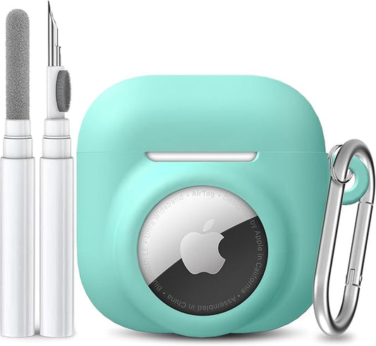 2 in 1 Silicone Case Compatible with AirPod 4 and AirTag 2/1, Shockproof Protective Skin Cover for AirPods 4th Generation with Cleaner Kit & Carabiner (Mint Green)