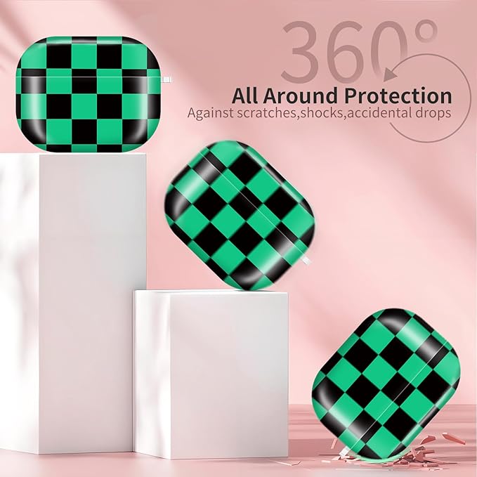 Compatible with AirPods Pro 3rd Generation 2025 Case Cover with Gold Keychain - Cute Protective Hard AirPod Pro 3 Cases for Women - Green Black Checkered