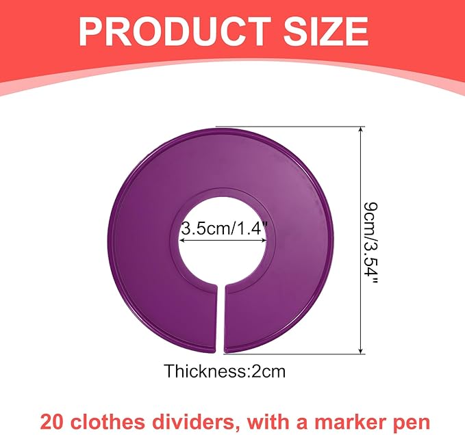 uxcell Clothes Dividers,20 Pack Round Closet Rack Dividers Clothing Rack Size Dividers Blank Labels with Marker Pen Writable & Reusable for Hanging Clothes Sorting Size, Purple
