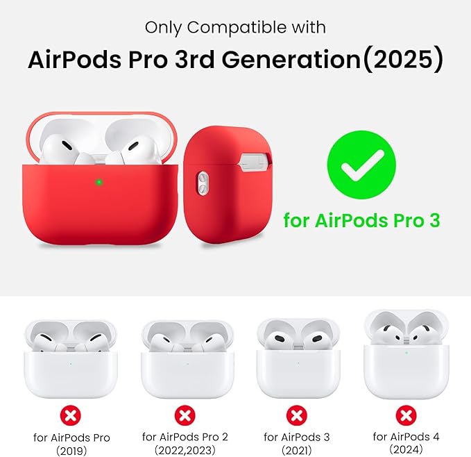 ORNARTO Compatible with AirPods Pro 3 Case 2025, Full Protective Hybrid Silicone for AirPods Pro 3rd Generation Case, Front LED Visible Skin Cover-Red