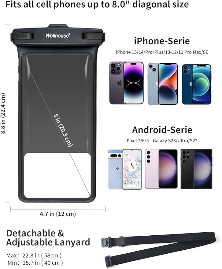 wellhouse Waterproof Phone Pouch, Waterproof Phone Case for iPhone17 16 15 14 13 Pro Max XS Samsung, IPX8 3D Cellphone Dry Bag Beach Essentials (2 Pack - Black & Green 8.0", 8 inch)