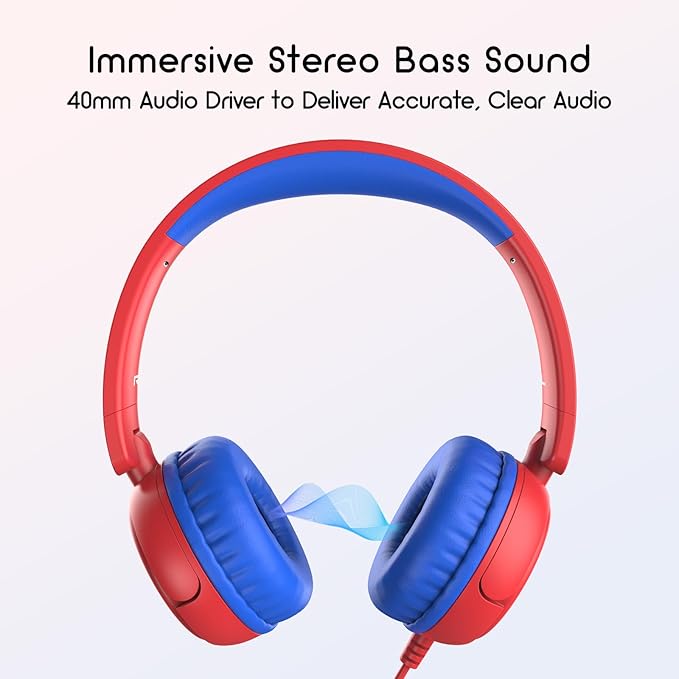 Kids Headphones Wired, Stereo Foldable Tangle-Free 3.5mm Jack Adjustable On-Ear Headphones for Kids/Toddlers/Children/Teens/Boys/Girls/School/Ipad/Tablet/Kindle/Phones/Travel/Plane (Red)