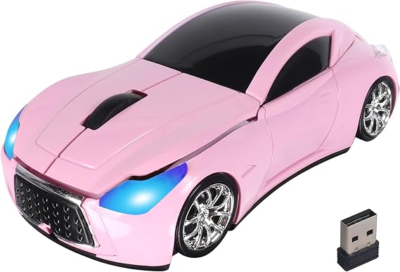 Car Mouse Wireless Cool Sport Car Shaped Computer Mice with LED Headlight USB Receiver 1600 DPI 3 Buttons 2.4GHz Portable Optical Mini Small Mouse for Laptop PC Desktop Computer Kids Gift (Pink)