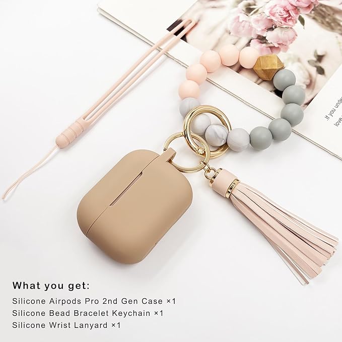 Compatible with Airpods Pro 2nd Generation Case Cover 2022, Soft Silicone Protective Cover with Bracelet Keychain for Apple Airpods Pro 2 Case for Women (Milk Tea)