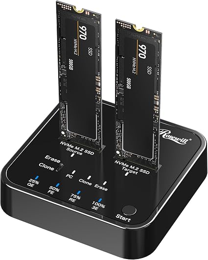 Rosewill M.2 NVMe Cloner + Eraser | M.2 Duplicator Dual Bay NVMe Enclosure | Tool-Free 20Gbps USB3.2 Gen 2x2 SSD to USB Adapter | M.2 Docking Station for M Key | PCIE NVMe SSD Reader