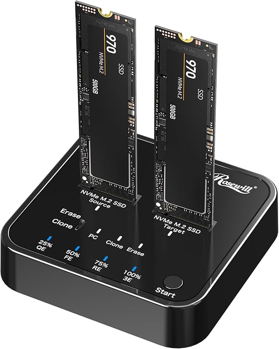 Rosewill M.2 NVMe Cloner + Eraser | M.2 Duplicator Dual Bay NVMe Enclosure | Tool-Free 20Gbps USB3.2 Gen 2x2 SSD to USB Adapter | M.2 Docking Station for M Key | PCIE NVMe SSD Reader