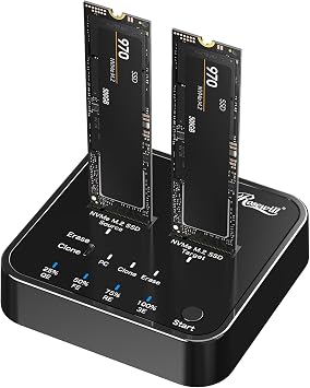 Rosewill M.2 NVMe Cloner + Eraser | M.2 Duplicator Dual Bay NVMe Enclosure | Tool-Free 20Gbps USB3.2 Gen 2x2 SSD to USB Adapter | M.2 Docking Station for M Key | PCIE NVMe SSD Reader