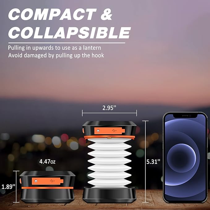 2-Pack Folding Solar Camping Lantern Flashlights, DIBMS Mini Collapsible USB Rechargeable Waterproof Hanging Light for Camping Hurricanes Emergency Power Outages Indoor Outdoor