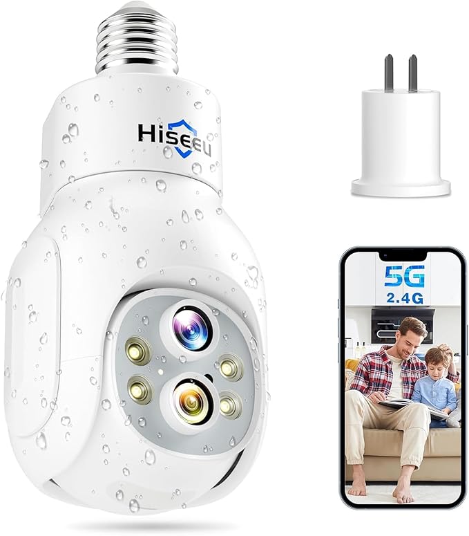 Hiseeu Light Bulb Security Camera Wireless WiFi 5G&2.4GHz,10X Zoom PTZ Light Socket Security Camera Waterproof, 2-Way-Audio, Auto Tracking, 3MP Color Night Vision, SD&Cloud Storage (Dual Lens)