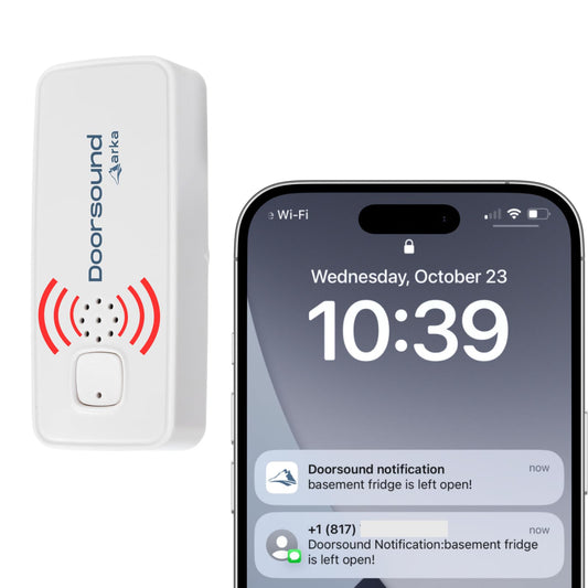 Doorsound WiFi Freezer & Refrigerator Door Alarm – Text & App Notifications When Door is Left Open, Adjustable Delay & Volume, No Hub, No Subscription