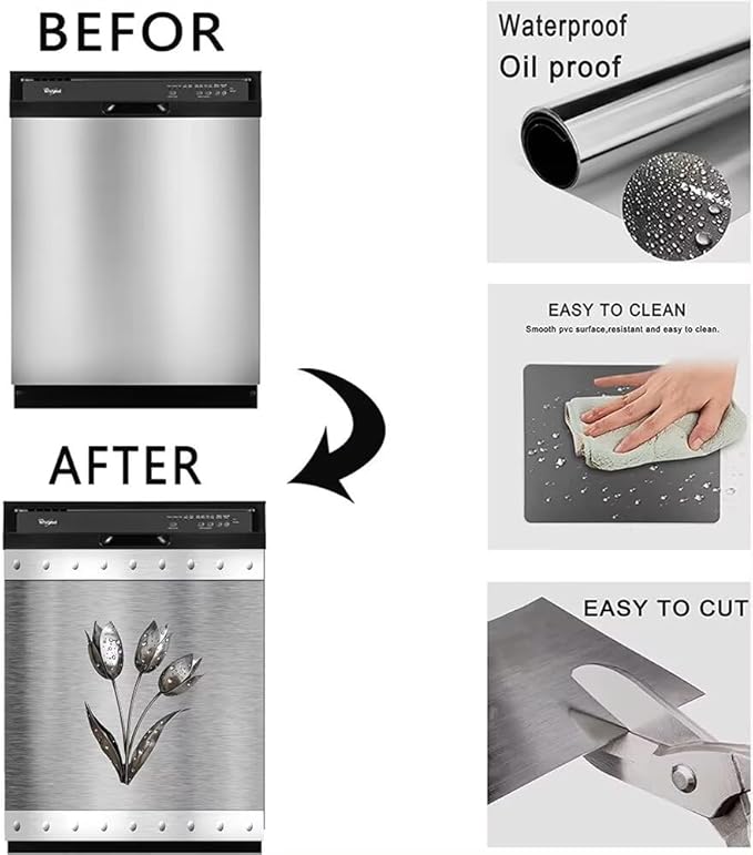 Artificial Metal Effect Dishwasher Cover Magnet Kitchen Decor, Stainless Steel Flower Effect Dishwasher Magnet Cover Front Door Panel Decal, Refrigerator Magnetic Decals 23'' W x 26'' H
