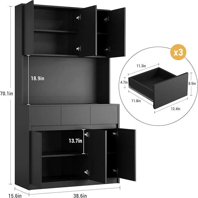 71" Tall Kitchen Pantry Cabinet, Adjustable Shelves & Doors and Three Drawers, Microwave Shelf, Coffee Bar with LED Lights & Charging Station, Corner Storage Hutch for Living Room, Black