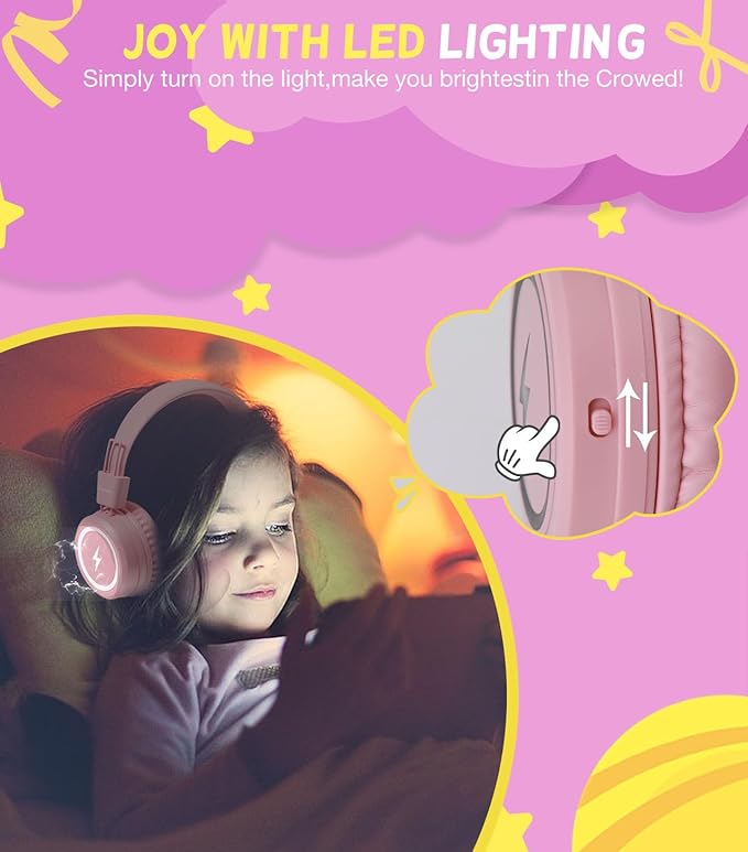 Kid Headphones for School, USB Type C Kids Headphone with LED Lights, Wired Boys Girls Headphones with Safe Limiter 85dB/94dB, Foldable On Ear Headphones with Microphones for Girls, Boys, iPad-Pink