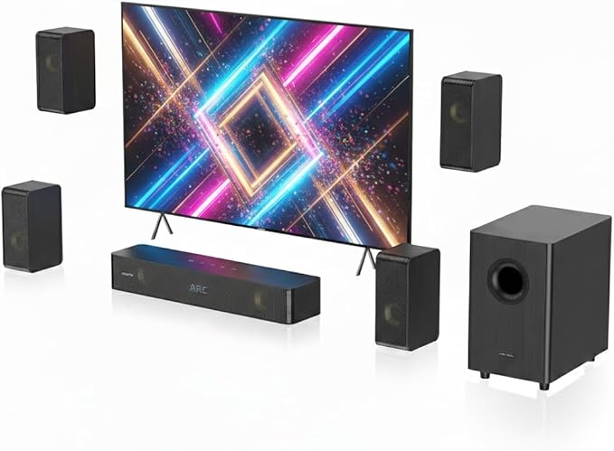 Wooden 5.1.2 Sound Bars for Smart TV, 4 Surround Speakers Wired, Virtual Surround Sound System for Small Rooms, Home Theater Sound System TV Soundbar with Wired 5.25'' Subwoofer, ARC/OPT/BT/AUX