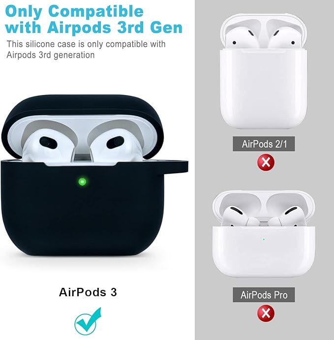 Silicone Compatible with AirPods 3rd Generation Case 2021, Gawnock Soft Case Compatible with AirPods Gen3 Cover for Women Girls with Keychain - Black
