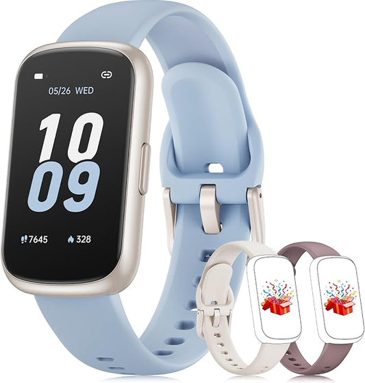 Fitness Tracker with 24/7 Heart Rate Monitor, Sleep Tracker - 3 ATM Waterproof Fitness Watch Calorie Step Counter Smart Watch Includes 3 Sport Bands for Android iOS Women Men, Starlight/Blue