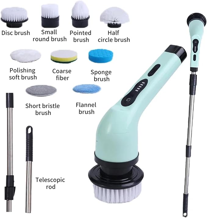 Cordless Electric Spin Scrubber, 360 Rotating Handheld Bathroom Scrubber with 9 Replaceable Cleaning Brush Heads 90Mins Work Time for Cleaning Kitchen,Tile,Tub Floor,Sink,Window,Stove(Green)