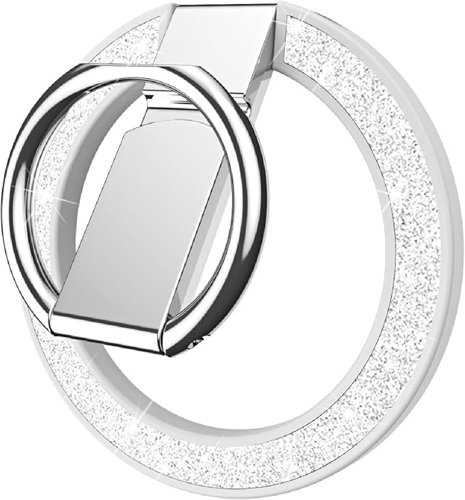 Guppy Glitter Magnetic Cell Phone Ring Holder, 360° Rotation Magnetic Phone Grip with Adjustable Kickstand Finger, Strong Metal Stand Compatible with MagSafe iPhone 16/15/14/13/12 Series-Silver