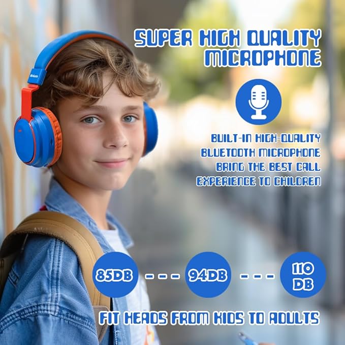 Kids Headphones Bluetooth 5.3 Wireless Lightweight Fast Charging 68 Hours Play Time Volume Limited 85/94dB Over Ear Foldable with Built-in Mic for Toddler Boy Girl Tablet Pad Blue