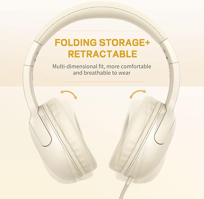 LORELEI E5 Wired Headphones for Kids Foldable & 3.5mm Jack Tangle Free Nylon Wire Stereo On Ear Headsets for Kids/Children/School/Tablet/Ipad/Kiddle/Plane (Beige White)