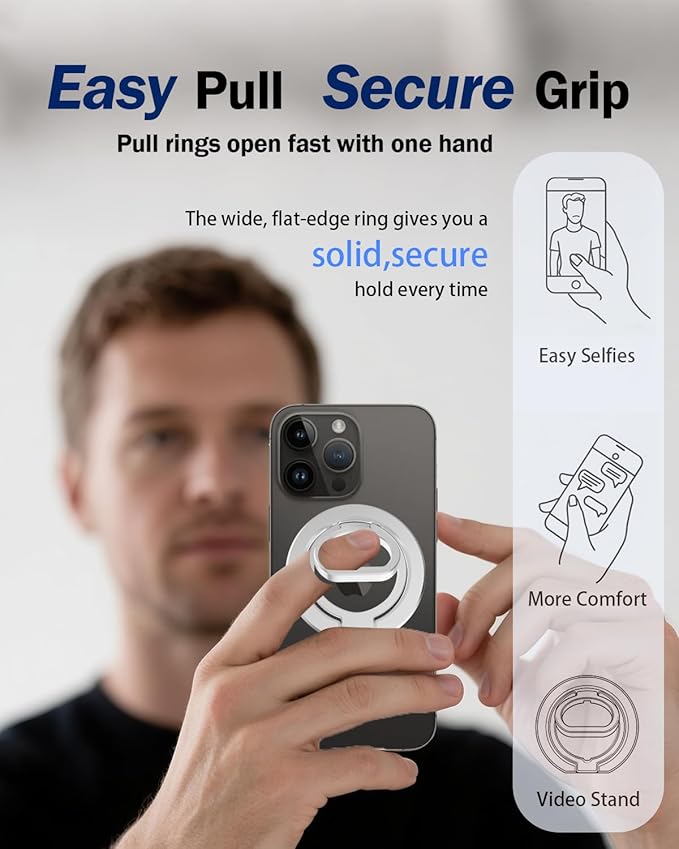 Phone Grip for MagSafe,360°& 180°Rotation Magnetic Phone Ring Holder with Kickstand,Dual-Ring Thin Phone Stand for 17/16/15/14/13/12 Series-Silver
