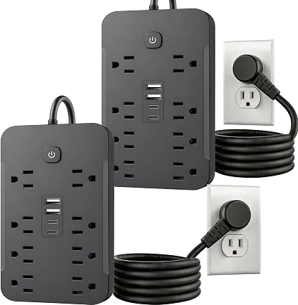 2 Pack 6 Feet Surge Protector Power Strip, 8 AC Outlets and 4 USB Ports (2 USB C), 1430W/11.5A, Flat Plug Extension Cord Outlet Extender for Office, Home, Black
