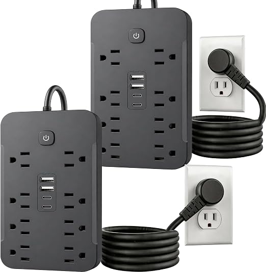 2 Pack 6 Feet Surge Protector Power Strip, 8 AC Outlets and 4 USB Ports (2 USB C), 1430W/11.5A, Flat Plug Extension Cord Outlet Extender for Office, Home, Black