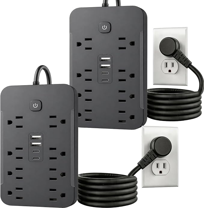 2 Pack 6 Feet Surge Protector Power Strip, 8 AC Outlets and 4 USB Ports (2 USB C), 1430W/11.5A, Flat Plug Extension Cord Outlet Extender for Office, Home, Black