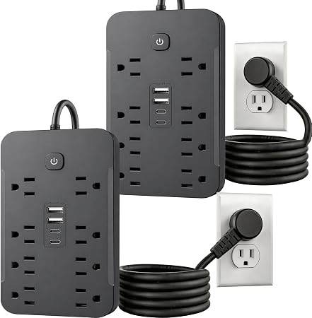 2 Pack 6 Feet Surge Protector Power Strip, 8 AC Outlets and 4 USB Ports (2 USB C), 1430W/11.5A, Flat Plug Extension Cord Outlet Extender for Office, Home, Black