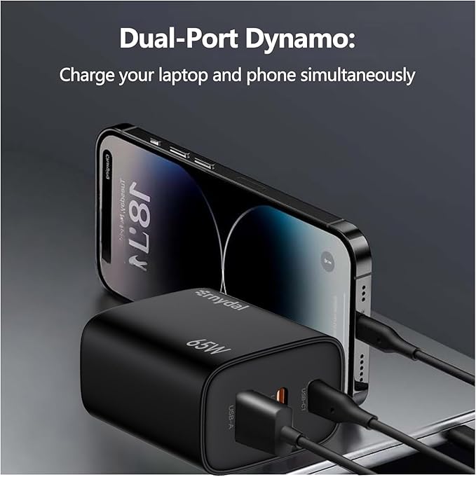 65W GaN USB-C Fast Charger Block with Dual USB-C & USB-A Ports, Compact Power Adapter for MacBook, iPad, iPhone, Galaxy, and More Black