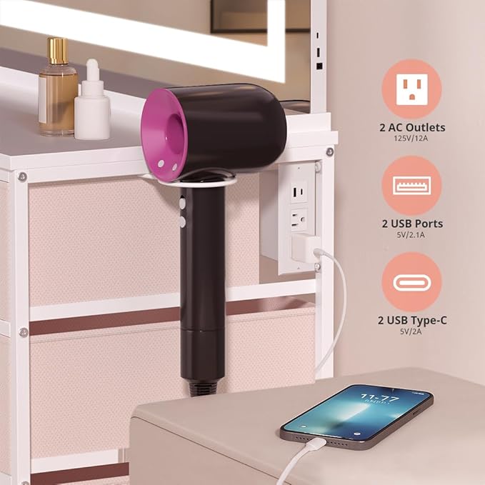 COMHOMA Vanity Desk with Large Mirror,LED and Power Outlet,Makeup Table with 9 Storage Drawersand HD Mirrors,3 Color Modes Adjustable Lighting for Bedroom Dressing Room (Pink, 47inch)
