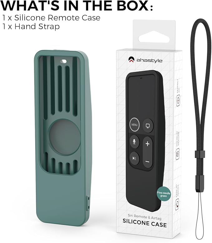 AhaStyle Protective Case for Apple TV Siri Remote [1st Gen] With AirTag Holder, Anti-Slip Silicone Cover Compatible With 2016 TV HD and 2017 4K [1st Generation] (Pine Green)